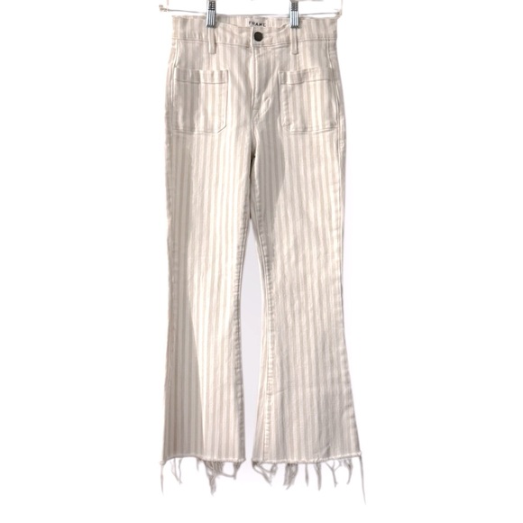 FRAME Le Crop Mini Boot Jeans 25 Ivory Beige Stripe Raw Hem Flare - Picture 1 of 8
